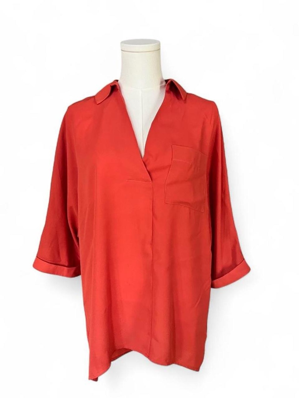 Women's Orange V-Neck Short Sleeve Blouse with Front Pocket and Back Slit NWT